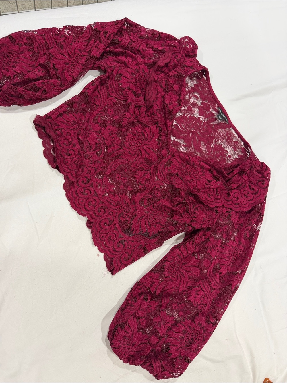 Guess Wine Lace Long-Sleeve Sheer Top